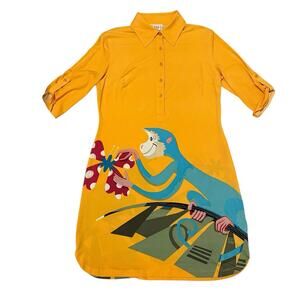 Very Vollbrach Monkey Print Shirt Dress Yellow Novelty Graphic Art Tunic M